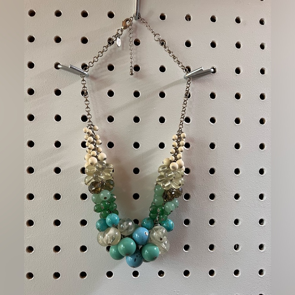 Vintage glass and turquoise cluster beaded necklace with silver chain